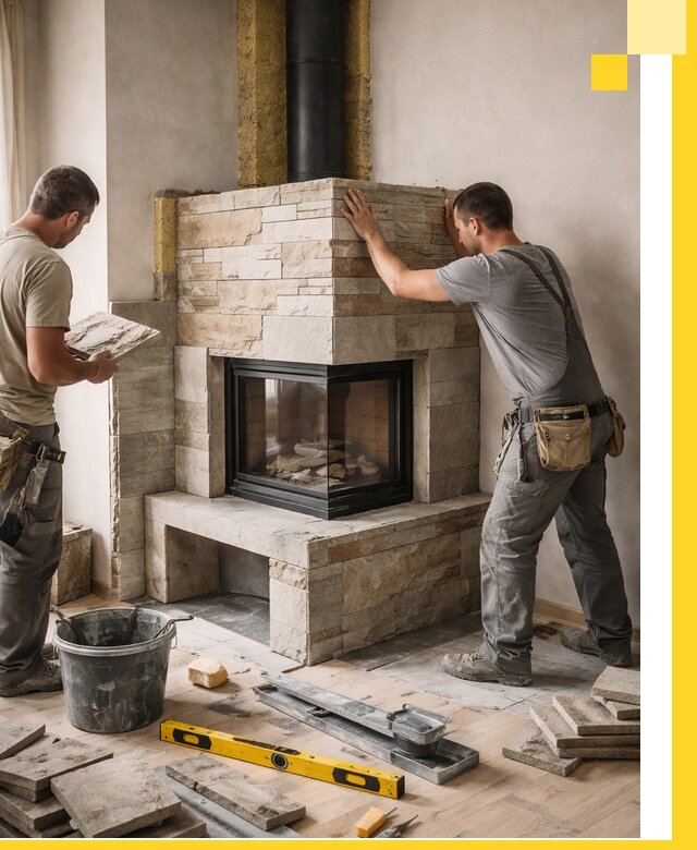 Угловые камины под ключ проект, монтаж и отделка в Тутаеве