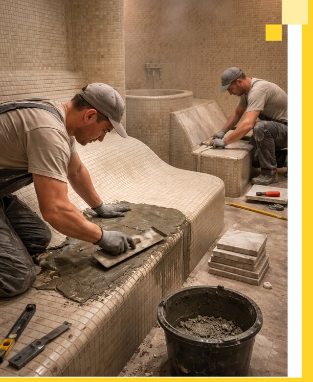 Лежаки для хамама под ключ в Тутаеве, проект и монтаж